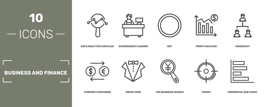 business and finance icon set with data analytics circular, supermarket cashier, dot, horizontal bar chart signs in flat outline style