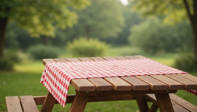 Wooden picnic table with red and white checkered tablecloth in park.