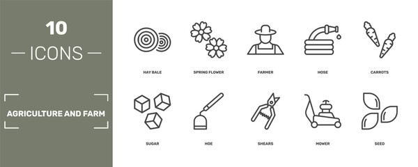 agriculture and farm icon set with hay bale, spring flower, farmer, seed signs in flat outline style © Abstract
