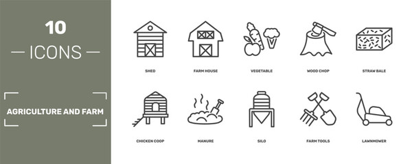 agriculture and farm icon set with shed, farm house, vegetable, lawnmower signs in flat outline style © Abstract