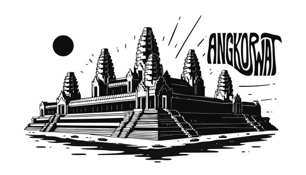 Very beautiful black-and-white engraved vector illustration featuring ANGKOR WAT in Siem Reap, Cambodia, highlighting its iconic temple towers and a decorative landmark label reading "ANGKOR WAT".