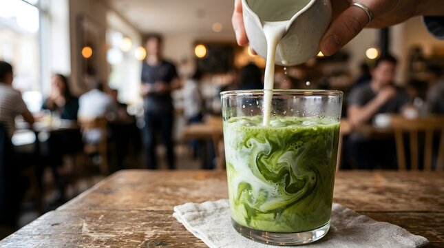 Hand pouring milk into a glass of green matcha latte on a wooden table in a cafe