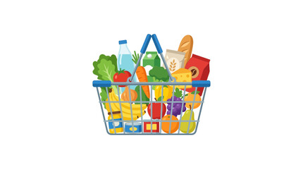 Full Grocery Shopping Basket with Fresh Food and Drinks Isolated on White Background © alfarezi