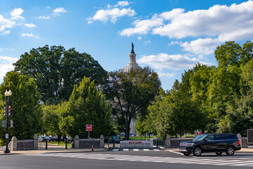 Naklejka premium Washington State Capitol behind green trees. United states Capitol. Capitol building. The Capitol building in Washington. Architecture view on dome with column. Famous Washington DC