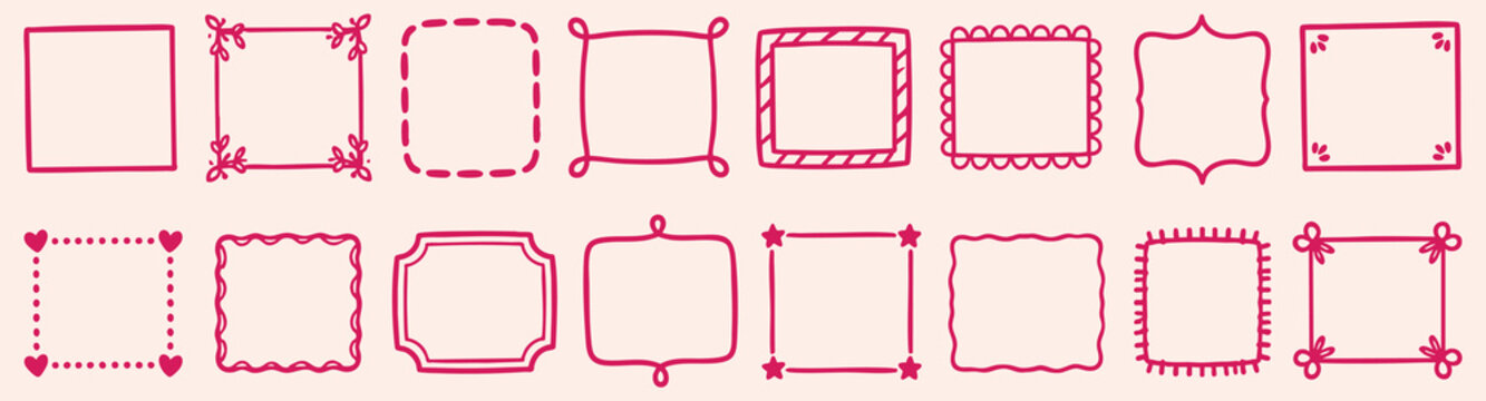 Collection of 16 hand-drawn doodle frames and borders. Decorative square elements for scrapbooking, invitations, cards, and creative design projects.