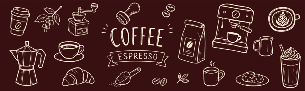 Hand drawn coffee and espresso doodle set. Vector illustration collection with coffee beans, cups, machine, grinder, croissant and cookies elements.