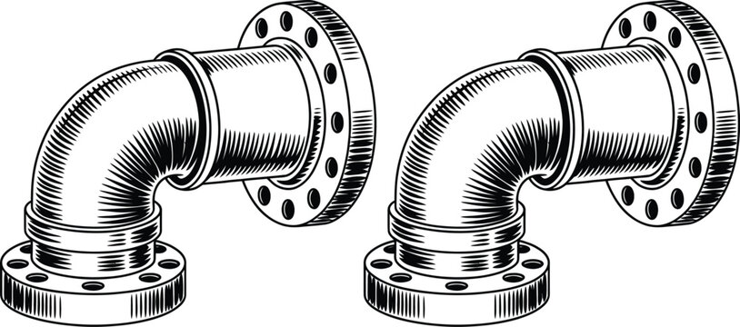 Industrial elbow pipe fittings, metal flange connections, silver steel tubes, plumbing components
