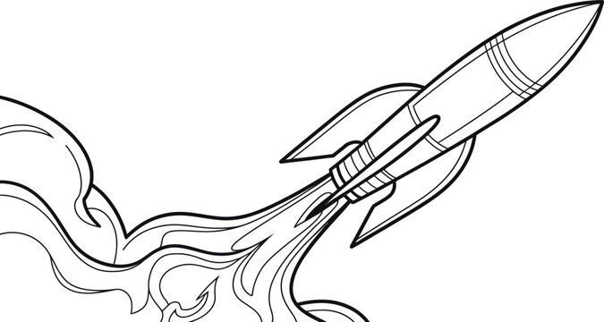 Rocket launch, space shuttle, vector illustration, black and white, line art, speed and power