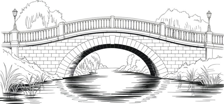 Black and white bridge illustration, stone arch bridge, water landscape, monochrome vector
