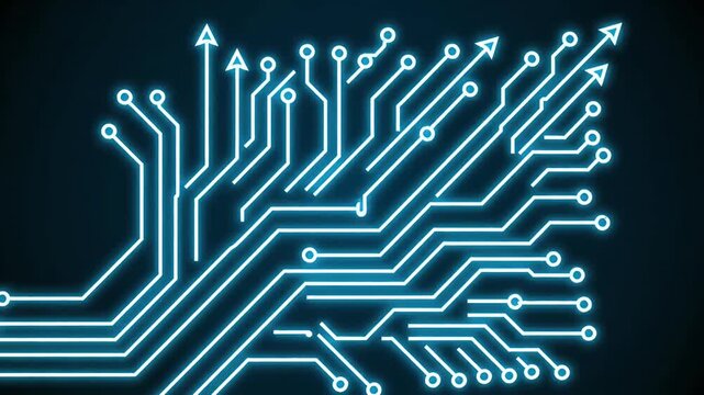 Blue neon circuit lines on dark digital background.
