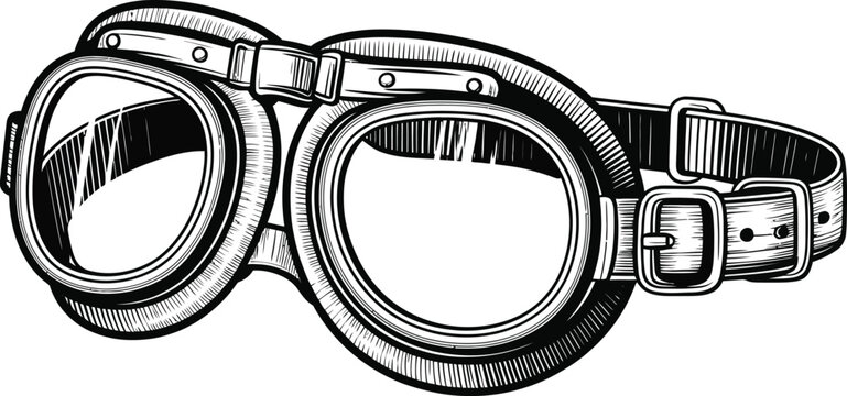 Vintage goggles, steampunk glasses, industrial eyewear, black and white vector illustration