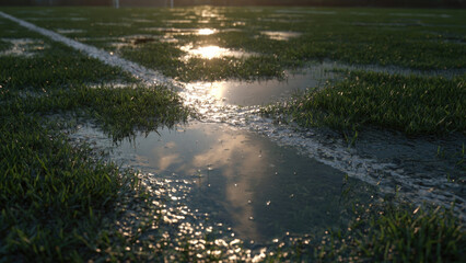 Naklejka premium Wet football field with puddles reflecting sunlight during golden hour sports ground texture