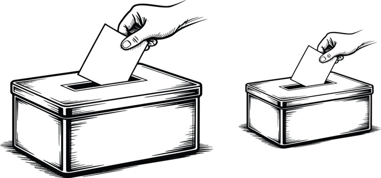 Voting, ballot box, hand casting vote, election, democracy icons