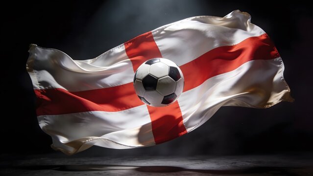 England Flag Silk Fabric Flying with Soccer Ball, St George Cross Waving in Wind, Football Sport Concept