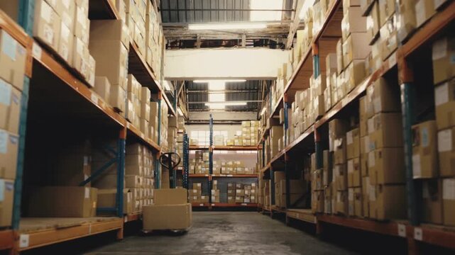 Industrial Warehouse Interior with Pallet Jack and Cardboard Boxes on Shelves