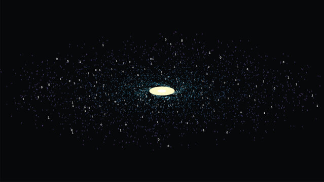 Binary code spiral galaxy data vortex on black background