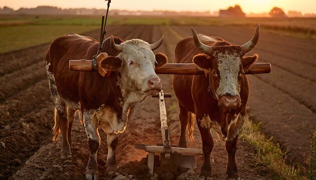 Two Oxen Pulling a Traditional Plow in a Field at Sunrise.