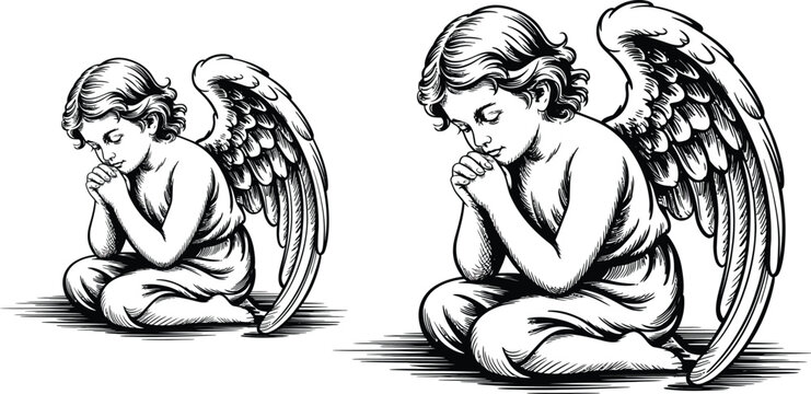 Praying angel illustrations, cherub vector graphics, black and white, religious icons, 2 pieces