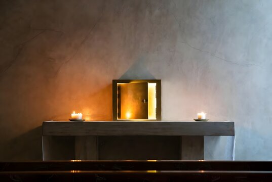 a solemn healing scene focused on a small golden tabernacle door glowing quietly as a symbol of comfort and presence