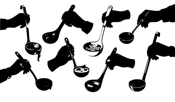 Hands holding ladles vector illustration culinary serving collection isolated on white