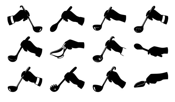Hands holding ladles collection vector illustration cooking utensil set isolated on white background