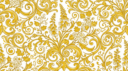 Golden baroque floral pattern with swirling scrolls and digitalis flowers, elegant decorative background. © graphic