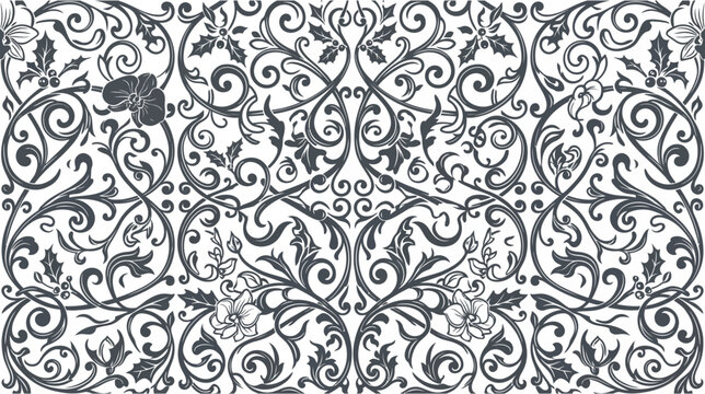 Intricate floral ornamental pattern with dark grey swirls and flowers on white background