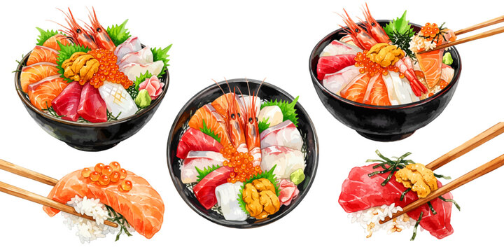 海鮮丼のイラストセット,水彩風の特上海鮮どんぶりと寿司ネタ,お箸の箸上げと刺身盛り合わせ素材集,手描きベクター