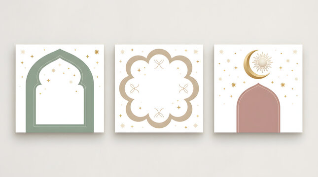 Minimalist social media post templates with house, flower and moon icons. Generated AI