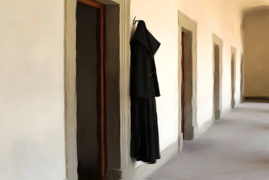 a single simple cassock hanging neatly beside a quiet doorway, suggesting vocation, service, discipline, and interior healing