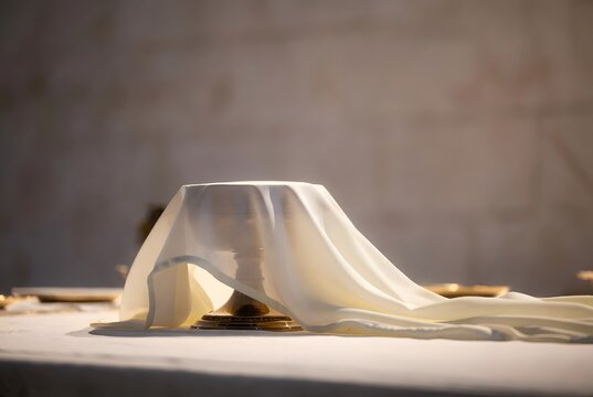 a simple ciborium covered with a white veil, symbolizing Eucharistic reverence, hidden grace, and silent healing
