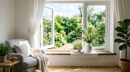 Cozy living room with open windows looking out into a bright and sunny green garden in the summer