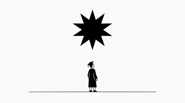 A silhouette of a graduate in a cap and gown stands beneath a black, star-like symbol, representing an unknown future or aspiration.