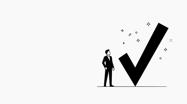 A stylized illustration depicts a lone businessman standing beside a monumental, bold checkmark, symbolizing decision, confirmation, and achievement with a touch of minimalistic elegance.