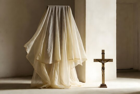 a minimal sacred healing scene centered on a light altar veil moving gently beside a simple processional cross, suggesting breath, peace, and presence