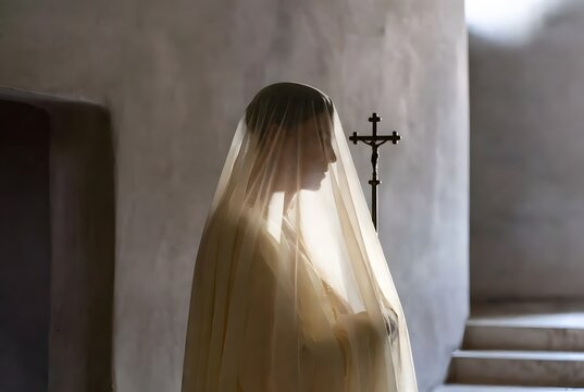 a minimal sacred healing scene centered on a light altar veil moving gently beside a simple processional cross, suggesting breath, peace, and presence