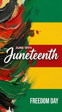 Textured brush strokes in black, red, green, and yellow, featuring "Juneteenth" and "Freedom Day," symbolizing celebration and liberation