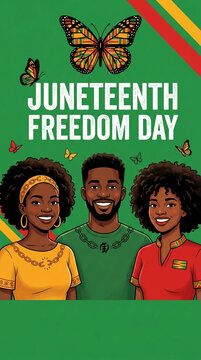 Juneteenth celebration with smiling individuals and colorful butterflies on a green background, symbolizing freedom and heritage