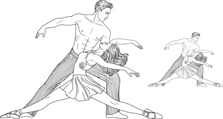 Obraz premium Vector dance illustrations, ballet couple, romantic line art, black and white