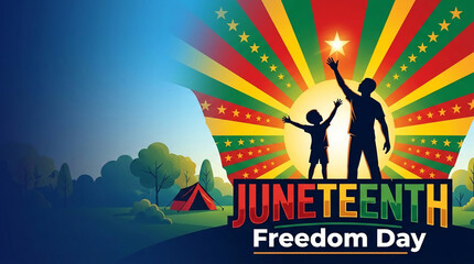 Fototapeta premium Silhouette of parent and child reaching for a star against a sunburst of red, yellow, and green, symbolizing Juneteenth and freedom.