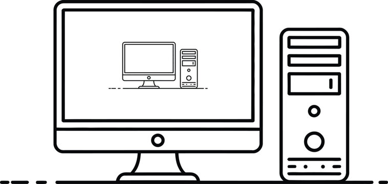 Computer, desktop, monitor, tower, line art, vector illustration, office equipment, technology icons