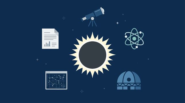 A sophisticated flat design iconography set centered around a total solar eclipse, surrounded by symbols of scientific study, astronomy, and research. This clean 2D vector is ideal for educational