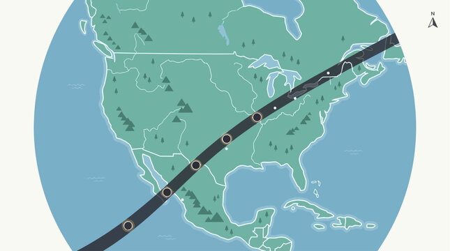 A clear and concise flat design vector map illustrating the geographical path of a total solar eclipse across a continent, highlighting key observation points. This 2D graphic is perfect for planning 