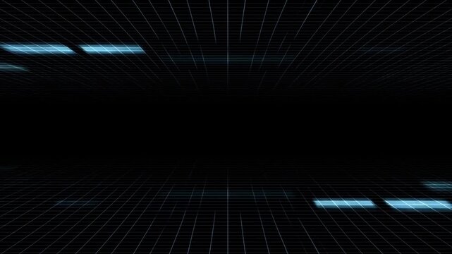 Tracking shot of glowing blue panels sliding forward through grid tunnel interior in virtual cyber corridor with neon cyan lights and reflective floor