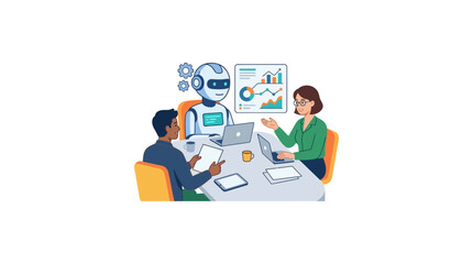 Fototapeta premium Robot and humans in a business meeting discussing analytics and technology