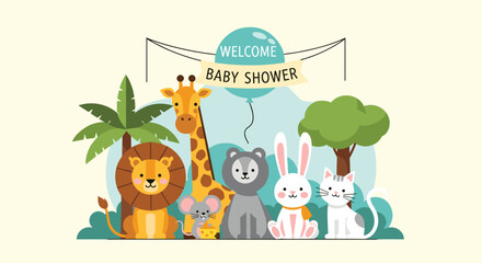 Fototapeta premium Sweet baby shower greeting card featuring friendly cartoon safari and farm animals under a welcome balloon banner.