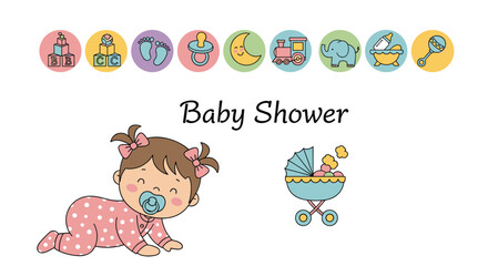 Fototapeta premium Cute baby shower card template featuring a crawling baby girl in pink polka dot pajamas and a blue pacifier.