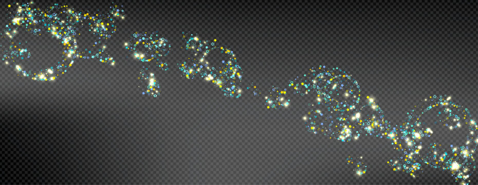Cyan, Gold, Blue Stars Confetti. Shimmering Shiny particles. Scattered little sparkling, glitter light points. Stellar falling on black background. New Year Christmas background. Vector illustration.