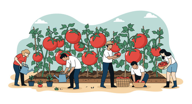 Diverse group of farmers working in a vegetable garden harvesting ripe red tomatoes from the plants and watering.