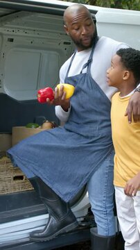 Vertical video: Picking peppers man in denim apron and boots teaching boy about peppers at van step